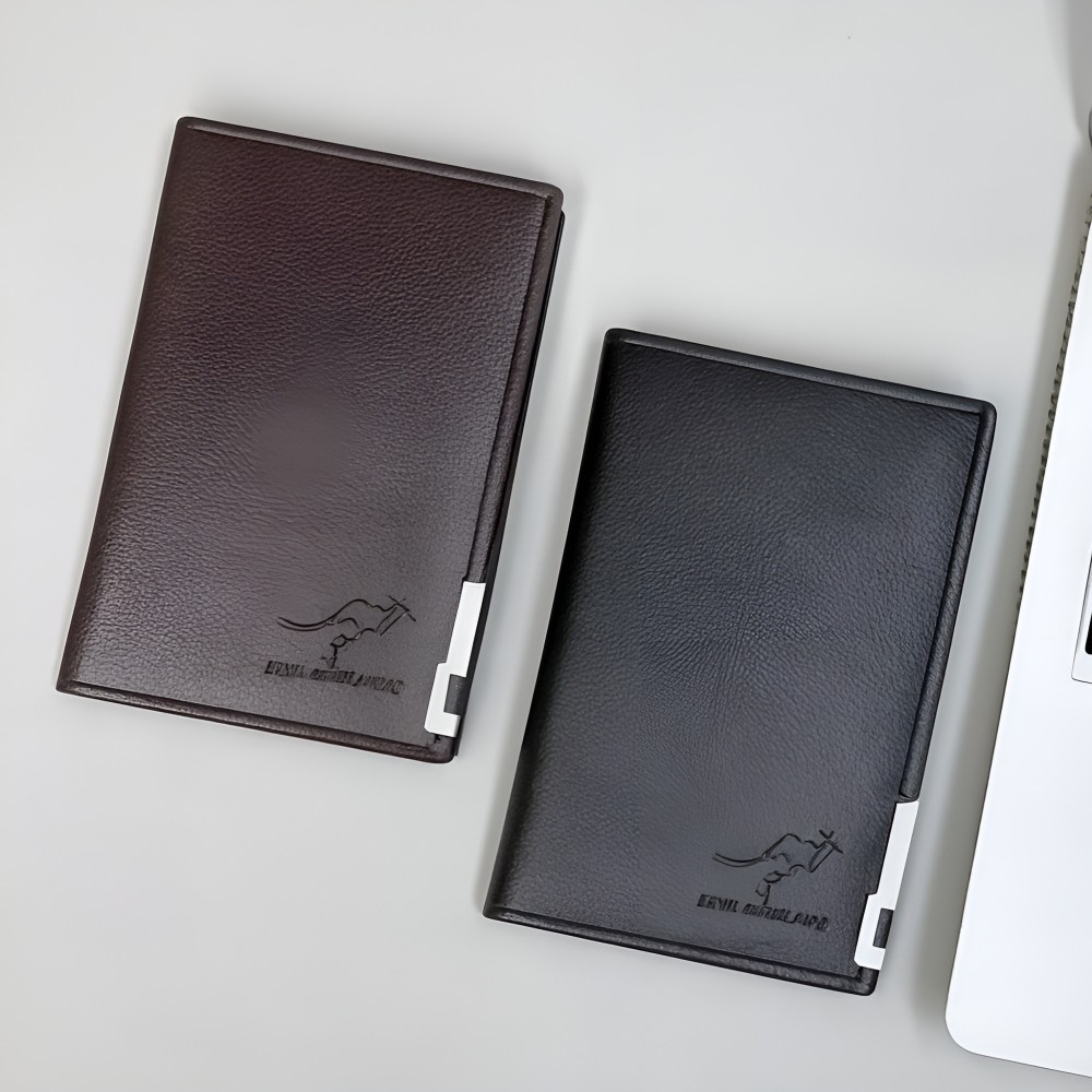 Men's Kangaroo Mini Long Leather Wallet – Vertical Bifold with Metal Accent