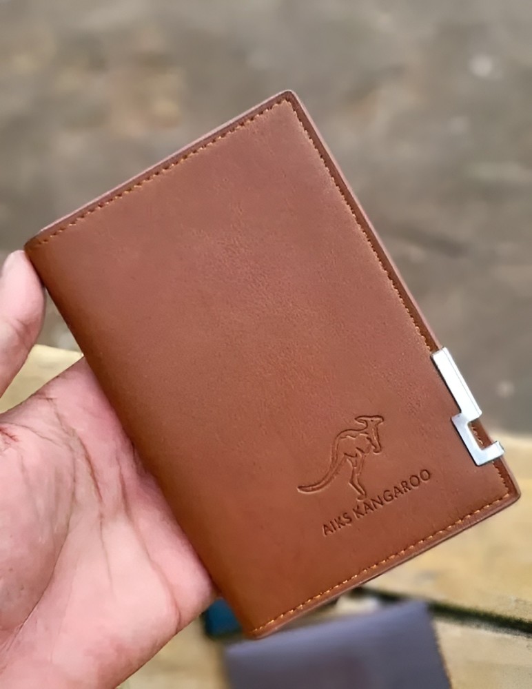 Men's Kangaroo Mini Long Leather Wallet – Vertical Bifold with Metal Accent